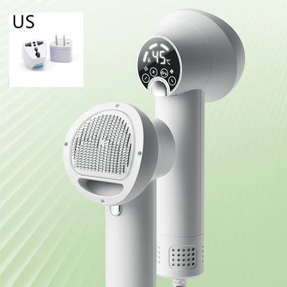 Pet hair dryer with round blowing comb nozzle and temperature display, white and gray