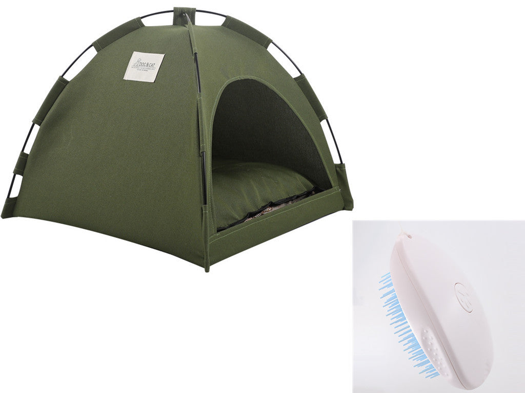 Green pet tent bed with cooling fan accessory shown in inset