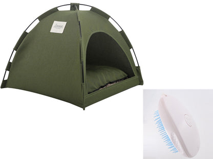 Green pet tent bed with cooling fan accessory shown in inset