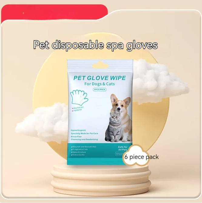 Pet disposable spa glove wipes, 6-piece pack with white gloves for dogs and cats