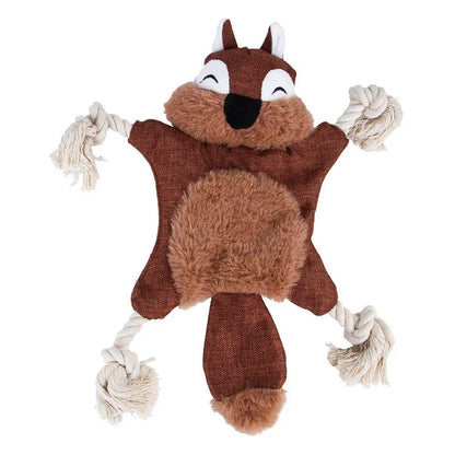 Squirrel-shaped dog toy with rope tassels for chewing and pulling