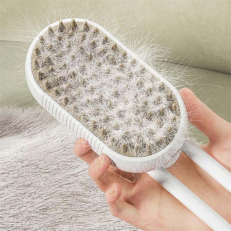 Cat steam brush with white handle and bristle surface, used on pet fur