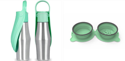 Portable pet dog water bottle with mint silicone leaf bowls and carry handle