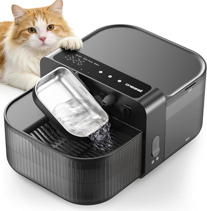 Dark gray cat water fountain with stainless-steel tray and splashing water