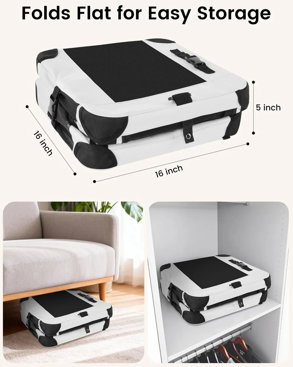 Foldable soft-sided cat carrier folded flat, grey and black fabric with carry straps.