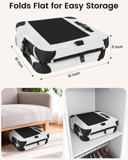 Foldable soft-sided cat carrier folded flat, grey and black fabric with carry straps.