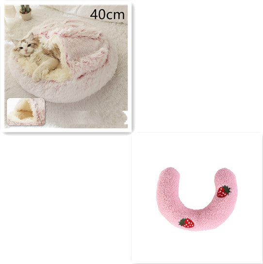 40cm plush pet bed, pink U-shaped cushion with strawberry appliques