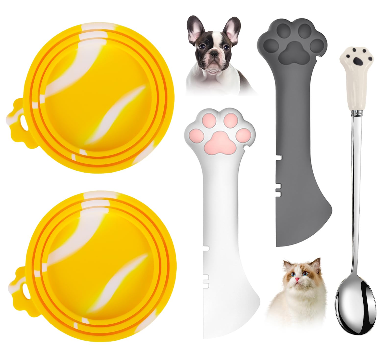 Yellow pet food can lids with gray paw spoon for 3–13 oz cans