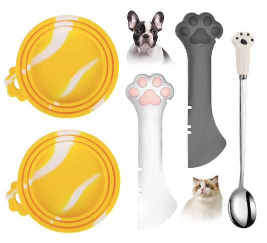 Yellow pet food can lids with gray paw spoon for 3–13 oz cans