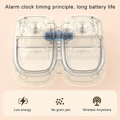 Pet feeder with two clear-lidded compartments and an internal dual-bowl divider