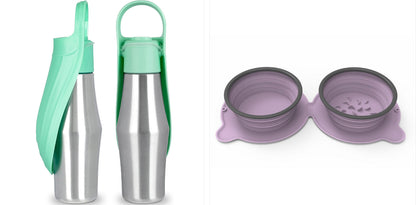 Portable pet dog water bottle set with soft silicone leaf bowls, mint and purple