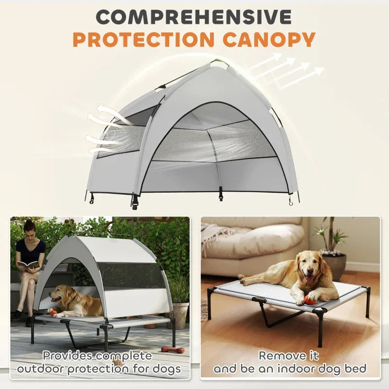 Light gray elevated dog bed with removable canopy, mesh side panels, and raised base