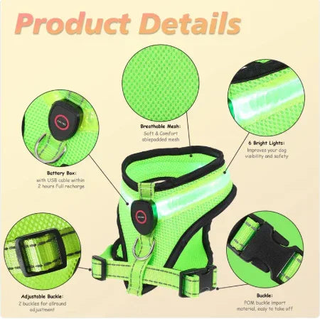 Green LED dog harness, side view with battery box and glowing light strip