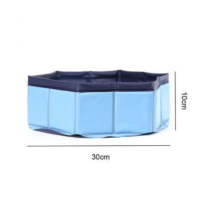 Blue foldable PVC pet swimming pool dimensions shown: 30 cm height