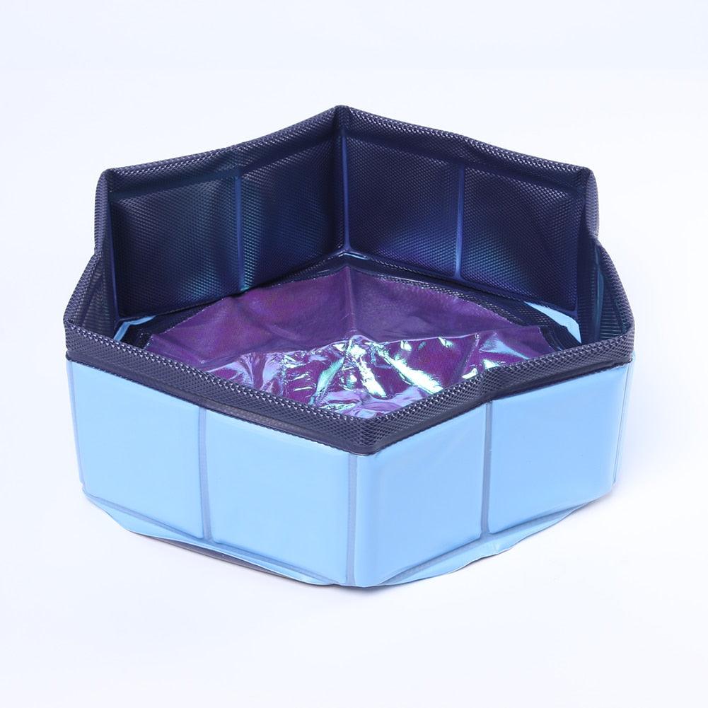 Blue collapsible PVC pet pool with dark blue mesh rim, partially filled