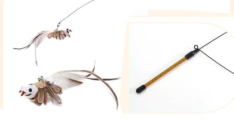 Cat teaser wand with plush feather bird and bell on dangling strings