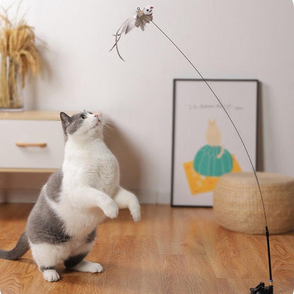 Cat standing near hanging feather teaser toy on a tall floor base wand.