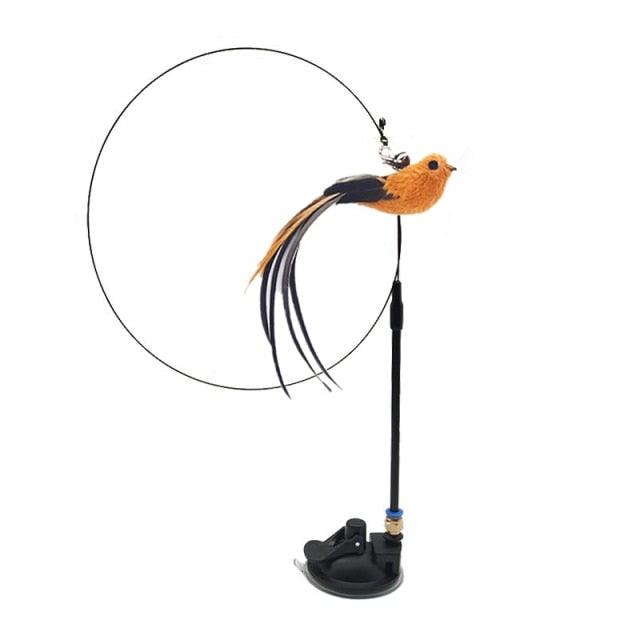 Cat teaser wand with circular ring and orange bird plush with black feather accents.