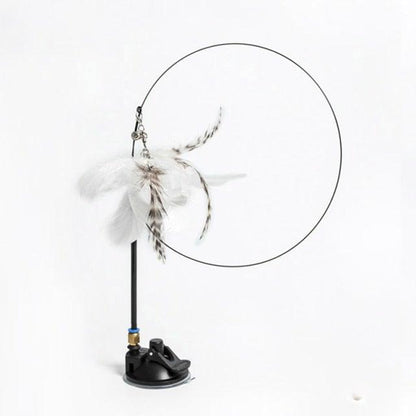 Cat teaser wand base with white plush feather bird toy and circular play loop