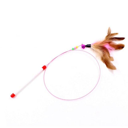 Pink string cat teaser wand with small beads and a feathery plush tail toy.