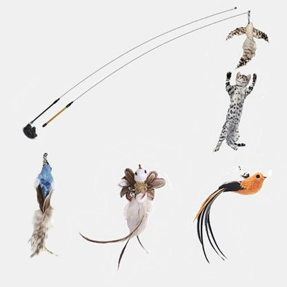 Cat teaser wand with multiple dangling feather toys: bird, fish, and mouse attachments