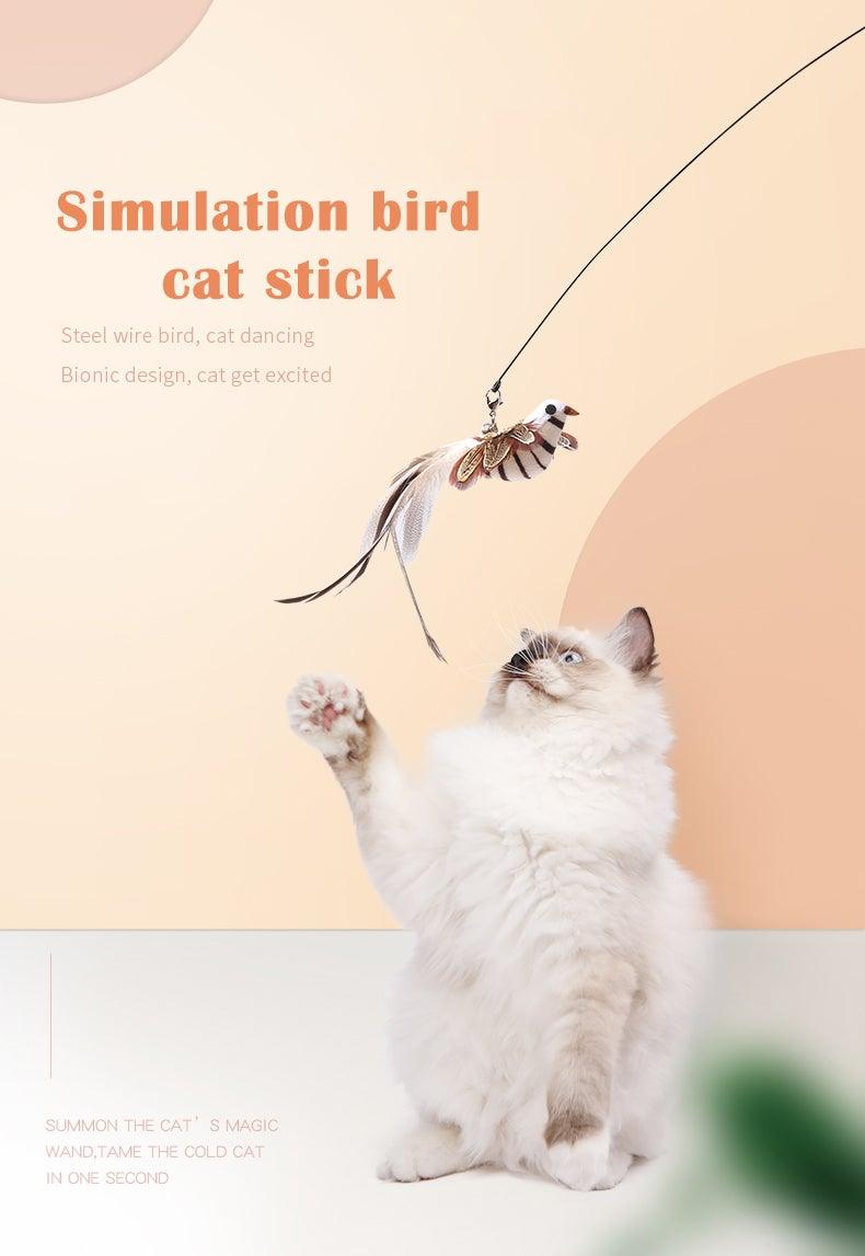 Interactive cat stick toy with hanging feather bird attachment