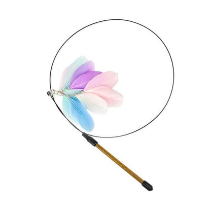 Cat teaser wand toy with pastel feather flower bundle on brown stick handle
