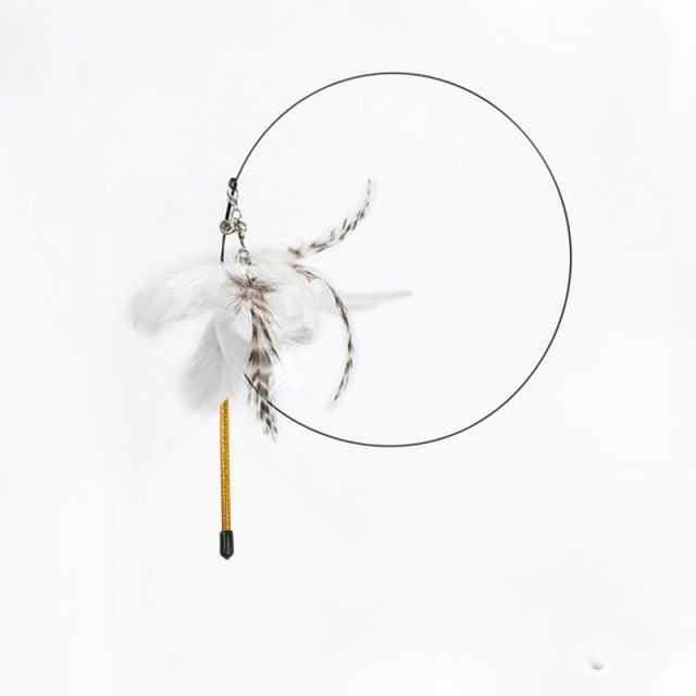 Cat teaser wand toy with white feather bird and gold stick handle