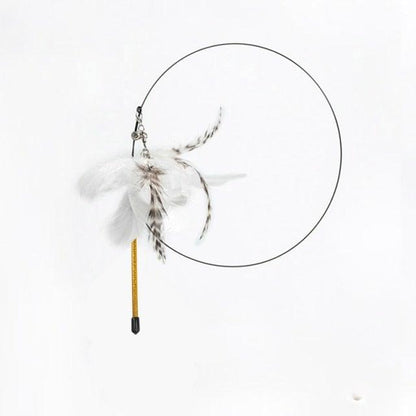 Cat teaser wand toy with white feather bird and gold stick handle
