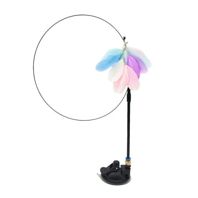 Cat teaser wand toy with pastel feather flower bundle on black base and handle