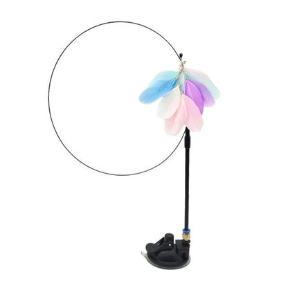 Cat teaser wand toy with pastel feather flower bundle on black base and handle