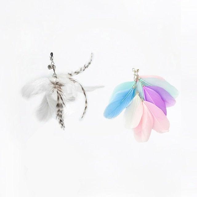 Cat teaser wand set with white and pastel feather bird attachments