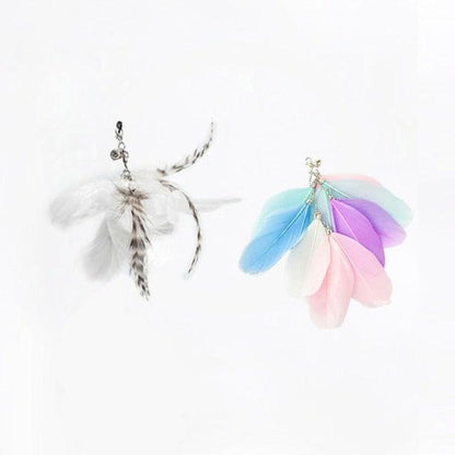 Cat teaser wand set with white and pastel feather bird attachments