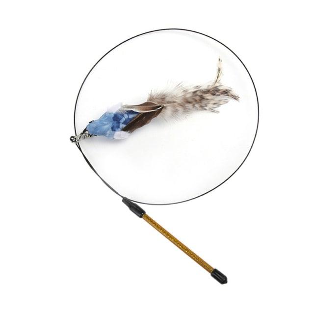 Cat teaser wand toy with blue feather bird on brown stick handle