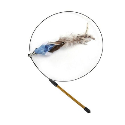 Cat teaser wand toy with blue feather bird on brown stick handle