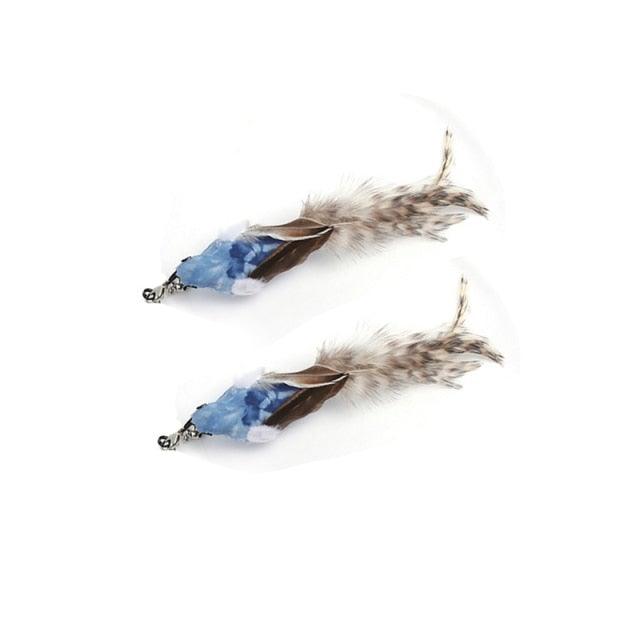 Two blue feather fish cat toy attachments with small crinkle bodies