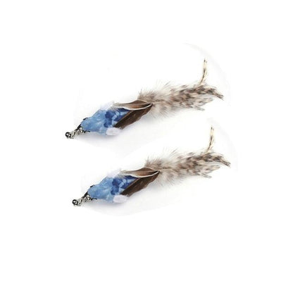 Two blue feather fish cat toy attachments with small crinkle bodies