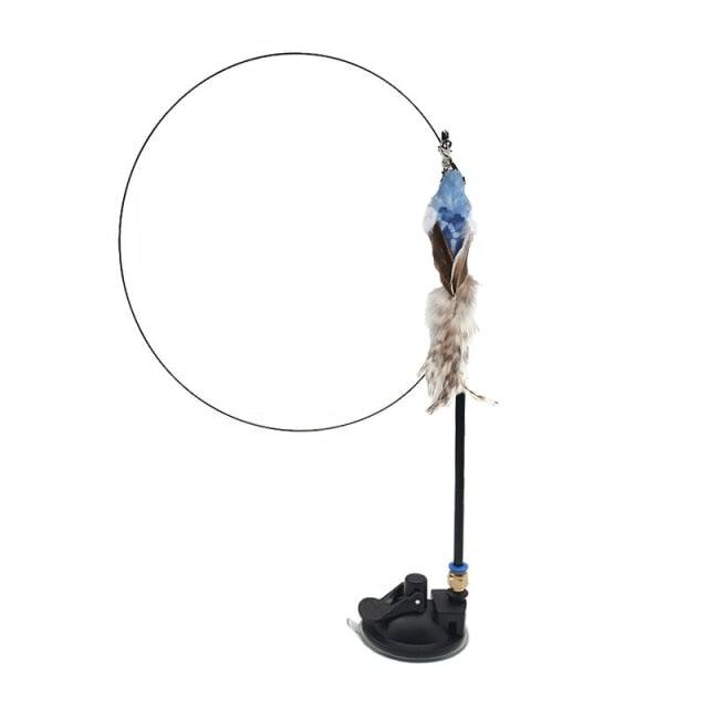 Cat teaser wand toy with blue feather bird on black base and long handle