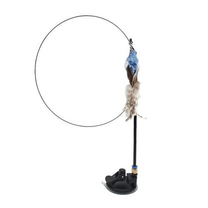 Cat teaser wand toy with blue feather bird on black base and long handle