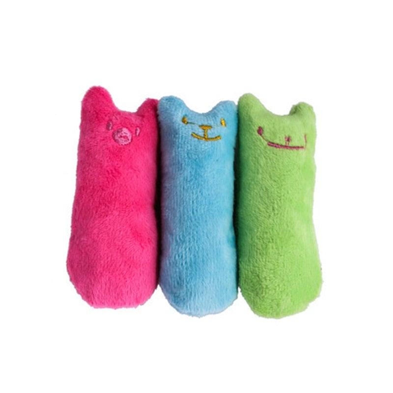 Set of three plush cat chew toys in pink, blue, and green with faces
