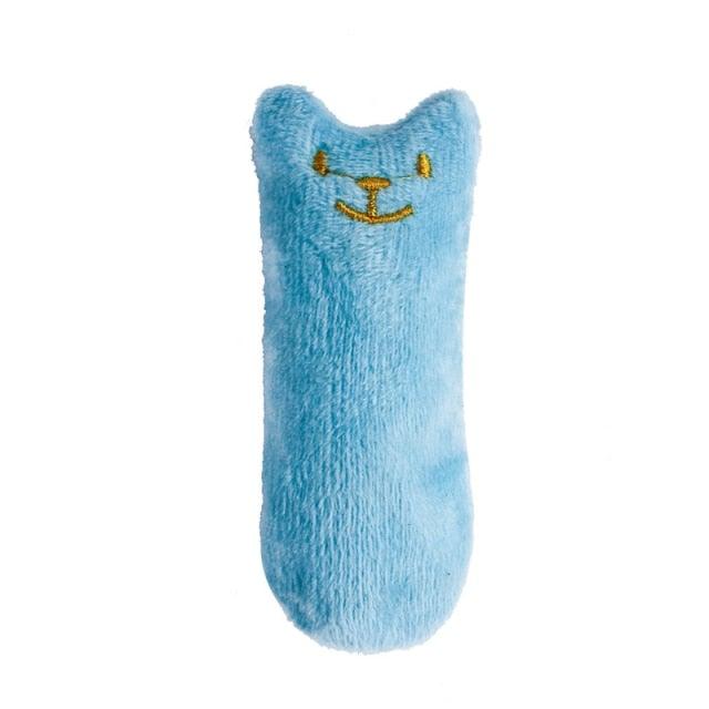 Cat chew toy plush with smiling nose, light blue fuzzy body