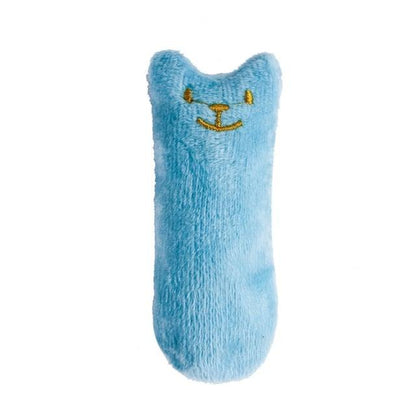 Cat chew toy plush with smiling nose, light blue fuzzy body