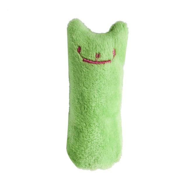 Green plush cat chew toy with embroidered smile and nose detail