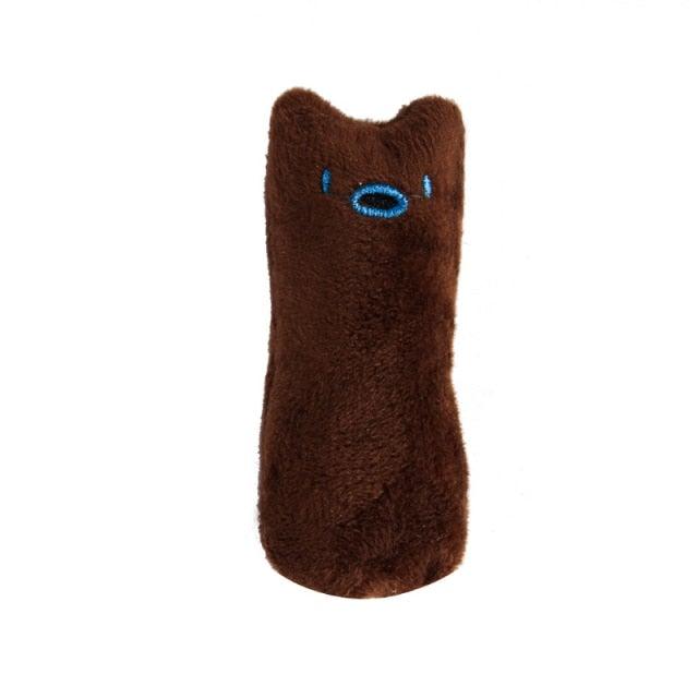 Cat chew toy plush with blue-eyed face, brown fuzzy body