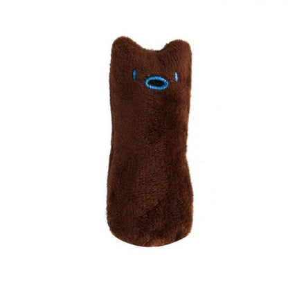 Cat chew toy plush with blue-eyed face, brown fuzzy body