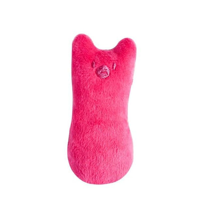 Pink plush cat chew toy with embroidered face and paw-print accents