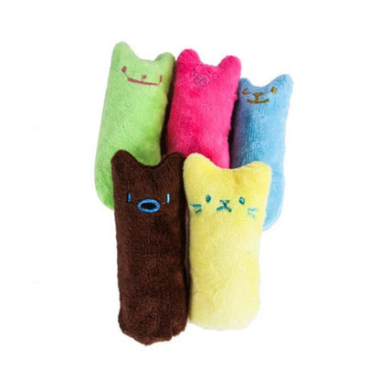 Five plush cat chew toys in brown, blue, green, pink, and yellow