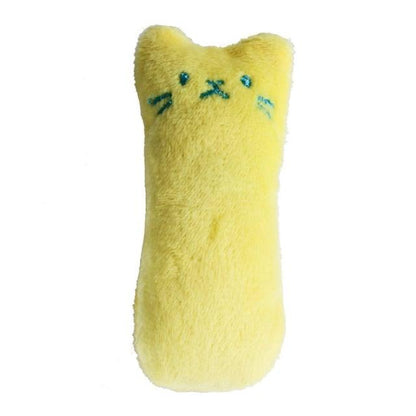 Yellow plush cat chew toy with embroidered whiskers and smile