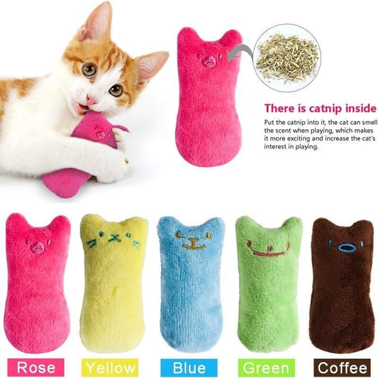 Cat holding a pink plush chew toy with embroidered cat face detail