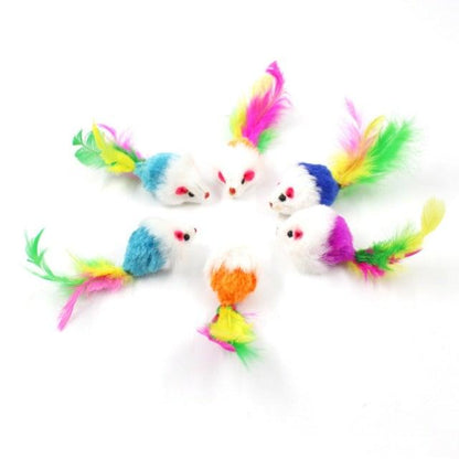 Feathered plush cat toys shaped like mice in rainbow colors